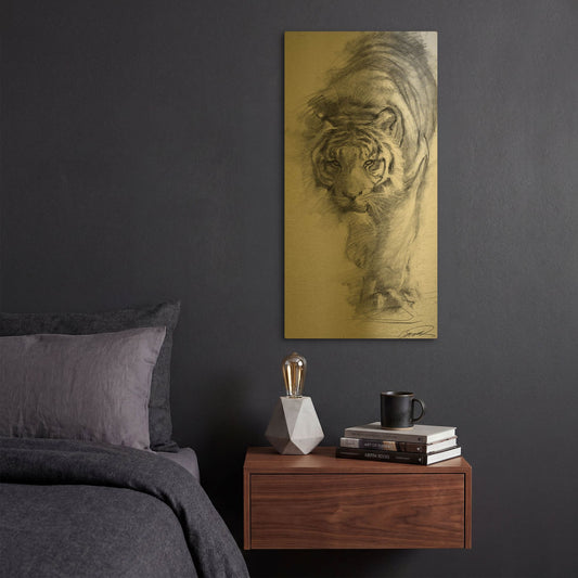 'Tiger approaching sketch' By Robert Campbell Gold Metal Wall Art