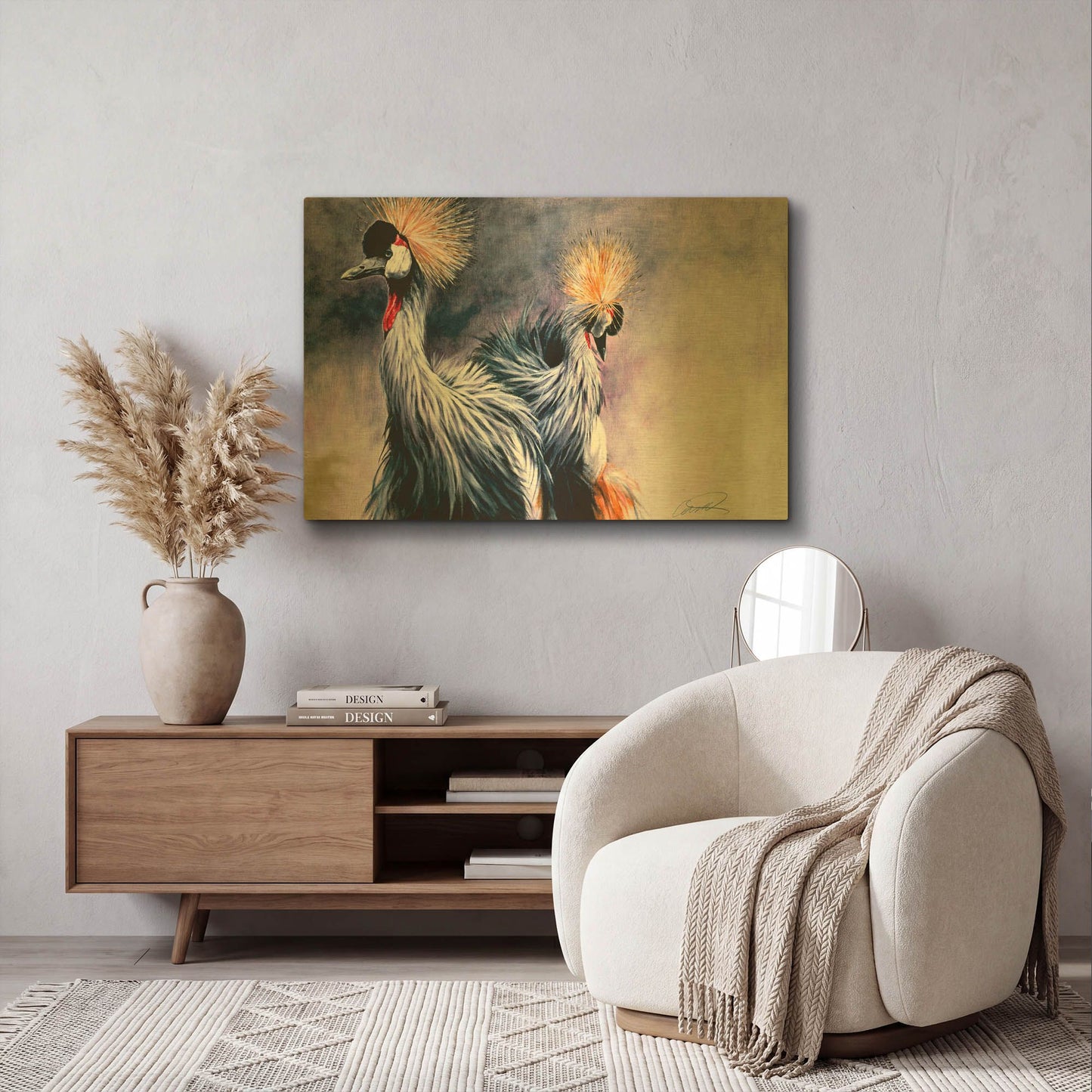 'Crowned Cranes' By Robert Campbell Gold Metal Wall Art