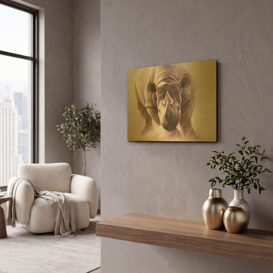 'Full Speed Ahead Rhino' By Robert Campbell Gold Metal Wall Art