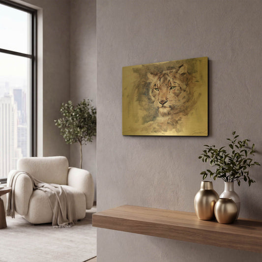 'Snow Leopard Stare' By Robert Campbell Gold Metal Wall Art