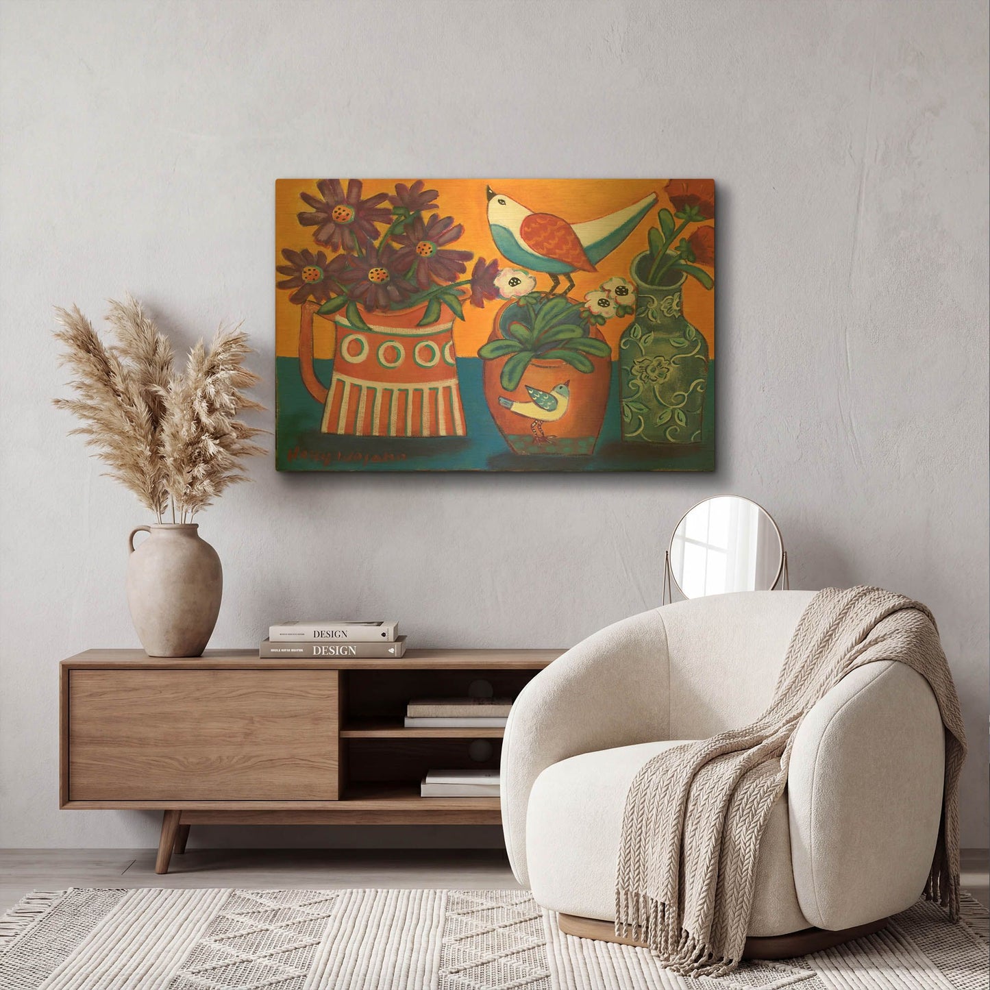 'Orange and Blue Vases' By Holly Wojhan Gold Metal Wall Art