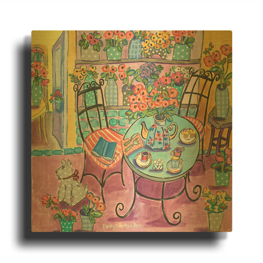 'A Flowery Cafe' By Holly Wojhan Gold Metal Wall Art