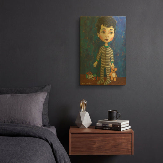 'Blue Pajama Boy' By Holly Wojhan Gold Metal Wall Art
