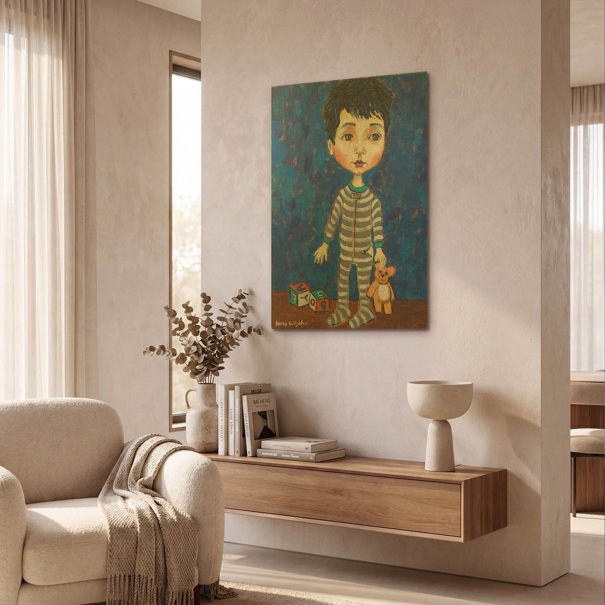 'Blue Pajama Boy' By Holly Wojhan Gold Metal Wall Art
