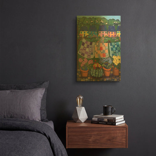 'Sheepish Hillsides with Cottages and quilts' By Holly Wojhan Gold Metal Wall Art