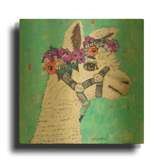'Flower Headed Llama' By Holly Wojhan Gold Metal Wall Art