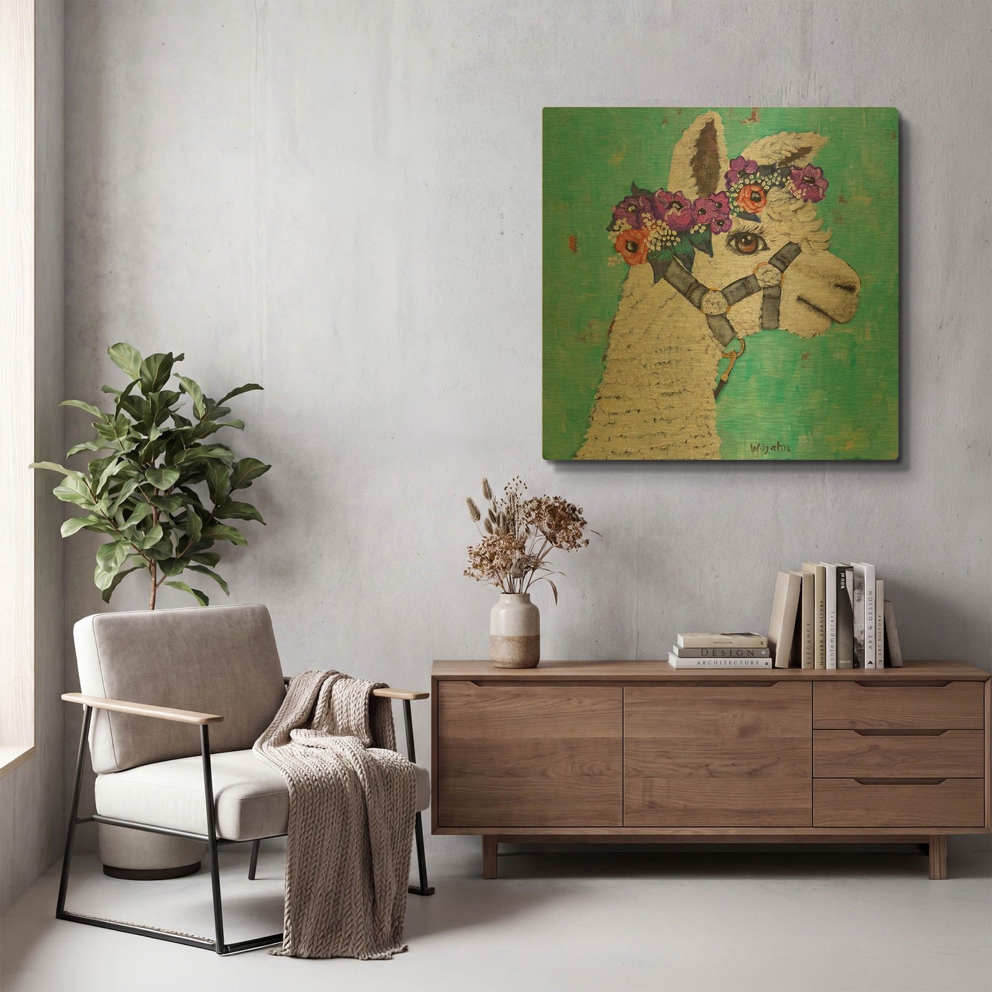 'Flower Headed Llama' By Holly Wojhan Gold Metal Wall Art