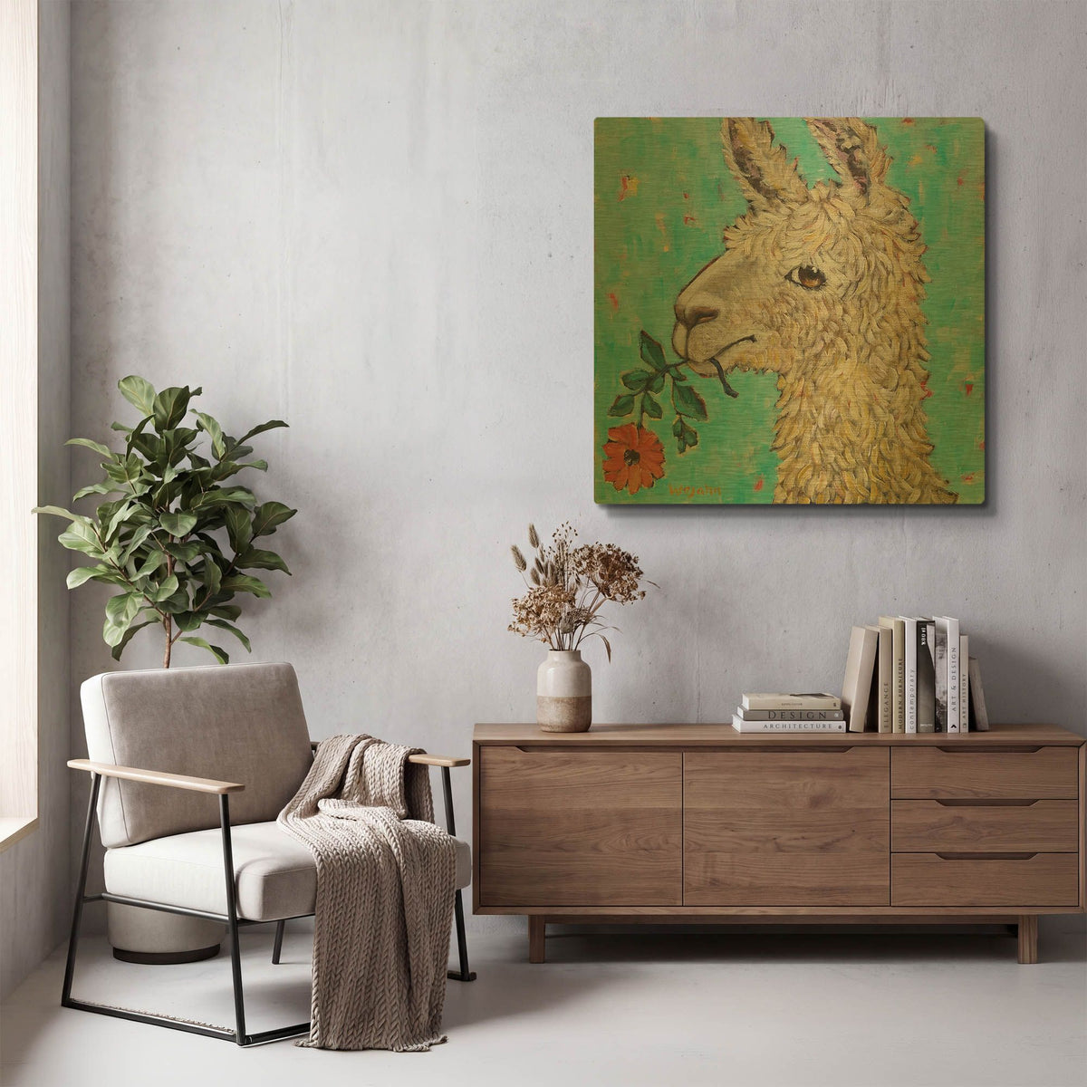 'Flower Eating Llama' By Holly Wojhan Gold Metal Wall Art