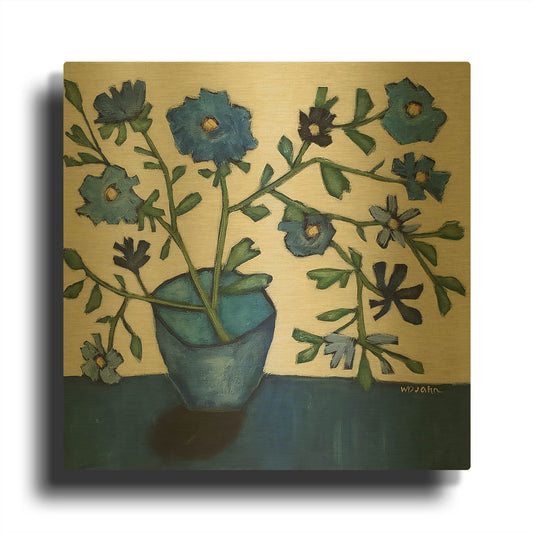 'Vase of Blue Flowers' By Holly Wojhan Gold Metal Wall Art