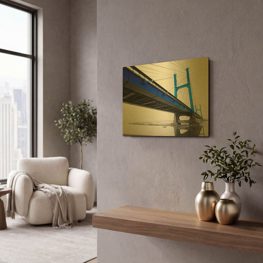 'Suspension Bridge In Blue' By PhotoINC Studio Gold Metal Wall Art