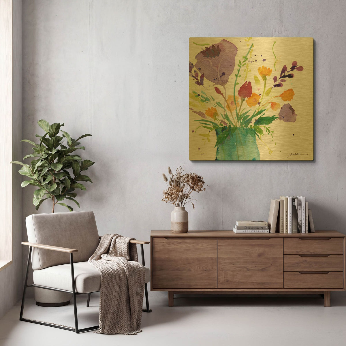 'Teal Vase With Bright Flowers' By Sheila Golden Gold Metal Wall Art