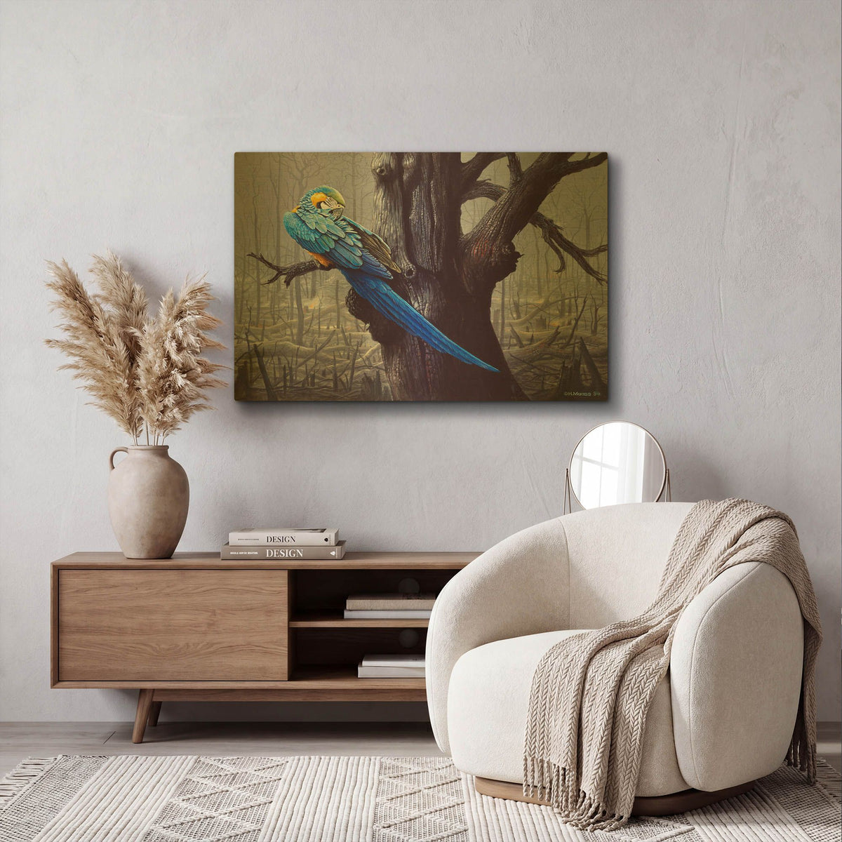 'Blue And Yellow Macaw In Burned Forest' By Harro Maass Gold Metal Wall Art