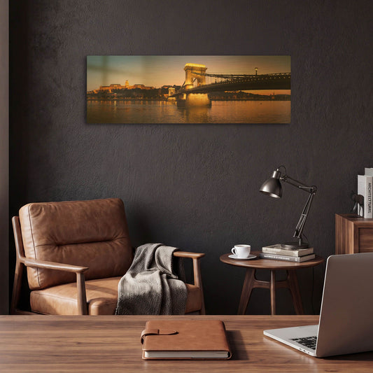 'Panorama Budapest Chain Bridge' By Istvan Nagy Gold Metal Wall Art