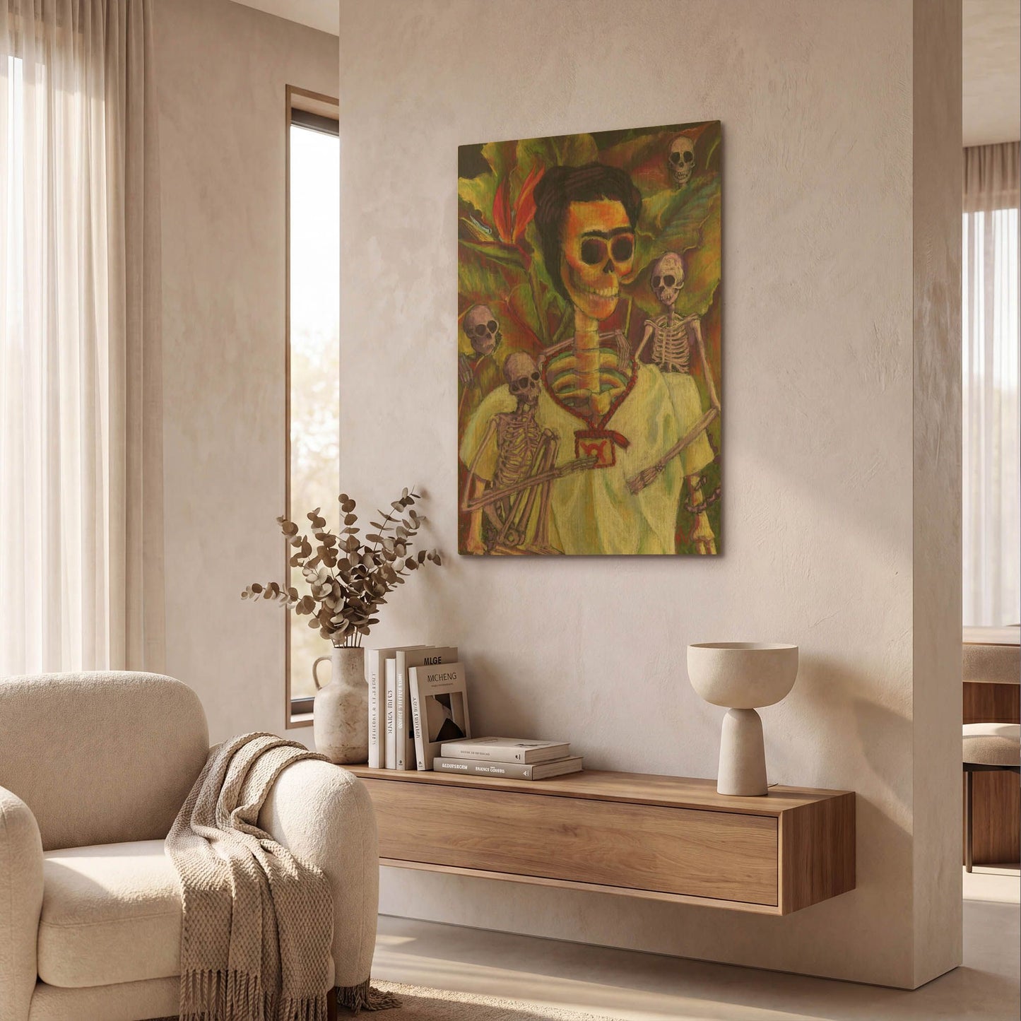 'Frida Skelly With Monkeys' By Marie Marfia Fine Art Gold Metal Wall Art