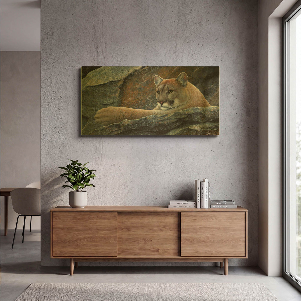 'Between a Rock and a Hard Place - Cougar' By Mark Mueller Wildlife Art Gold Metal Wall Art