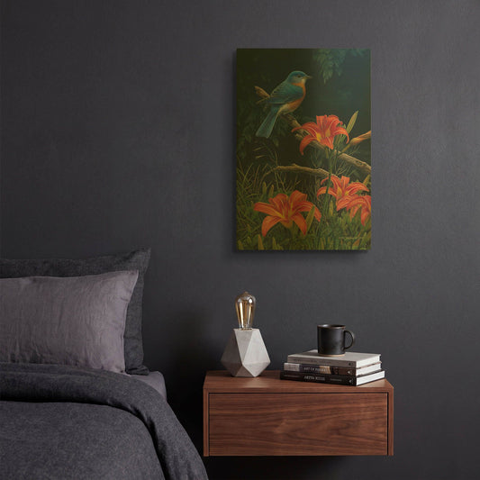 'Edge of the Woods - Bluebird and Daylilies' By Mark Mueller Wildlife Art Gold Metal Wall Art
