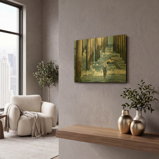 'Fishing Pier - Pelican' By Mark Mueller Wildlife Art Gold Metal Wall Art