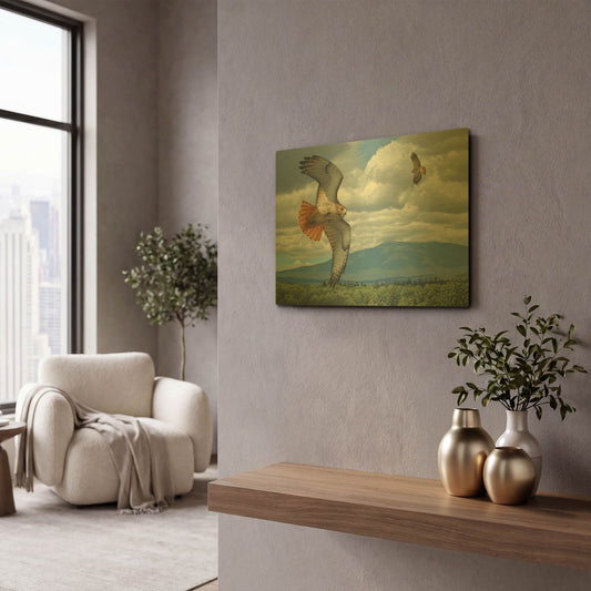 'Soaring Over the Pines - Red-tailed Hawks' By Mark Mueller Wildlife Art Gold Metal Wall Art