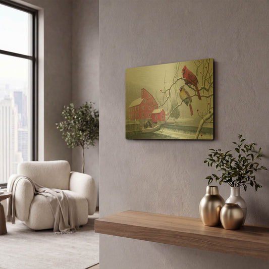 'Winter gems - Cardinals at Clinton Mill NJ' By Mark Mueller Wildlife Art Gold Metal Wall Art