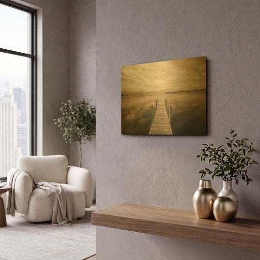 'Dock at Crooked Lake, Conway, Michigan 09' By Monte Nagler Gold Metal Wall Art