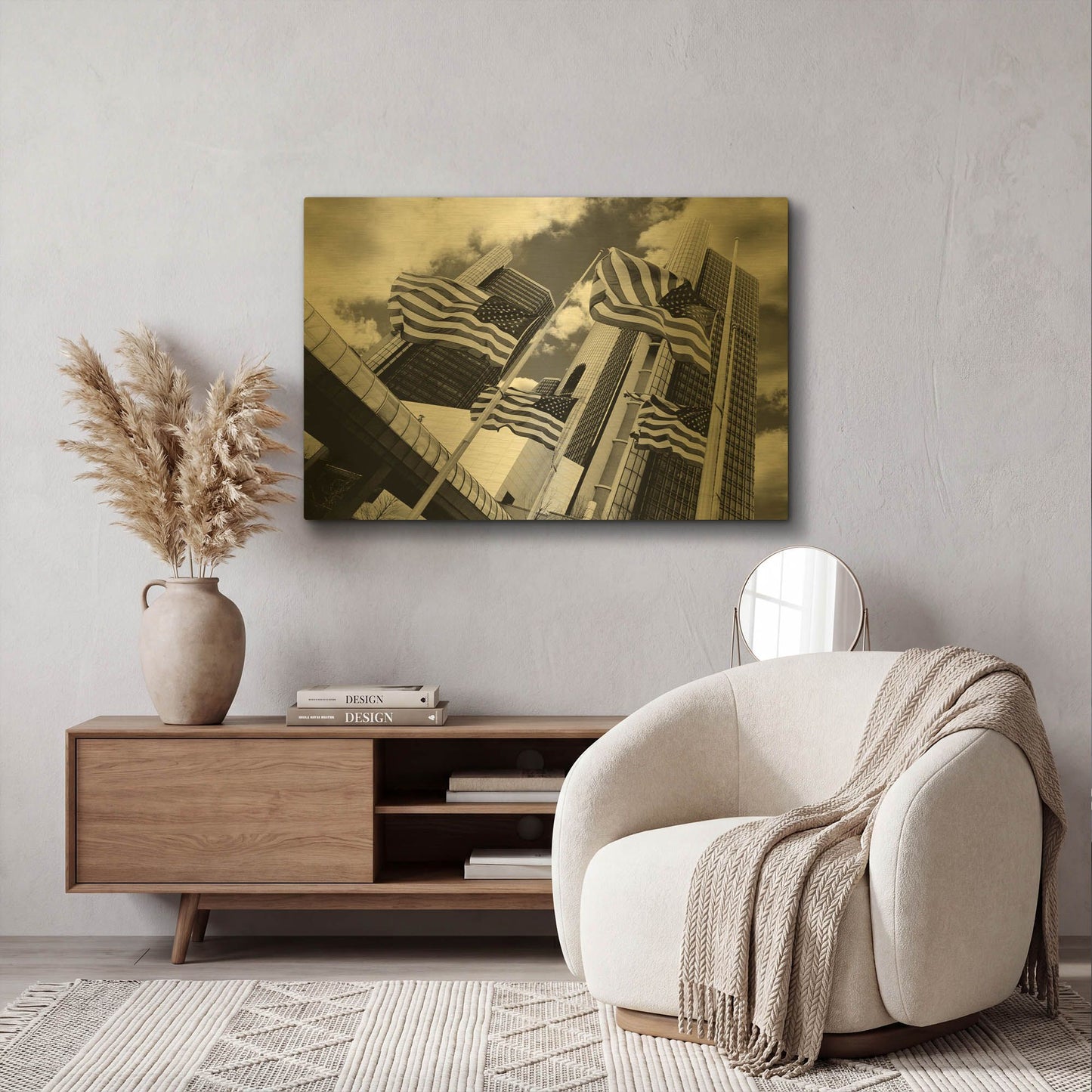 'Renaissance Center & Flags, Detroit, Michigan 06' By Monte Nagler Gold Metal Wall Art