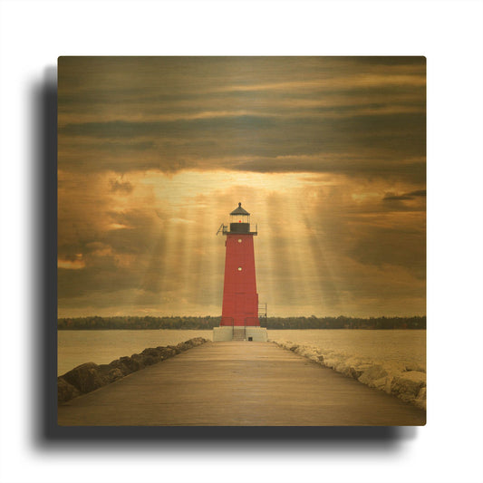 'Manistique Lighthouse & Sunbeams, Michigan 14' By Monte Nagler Gold Metal Wall Art