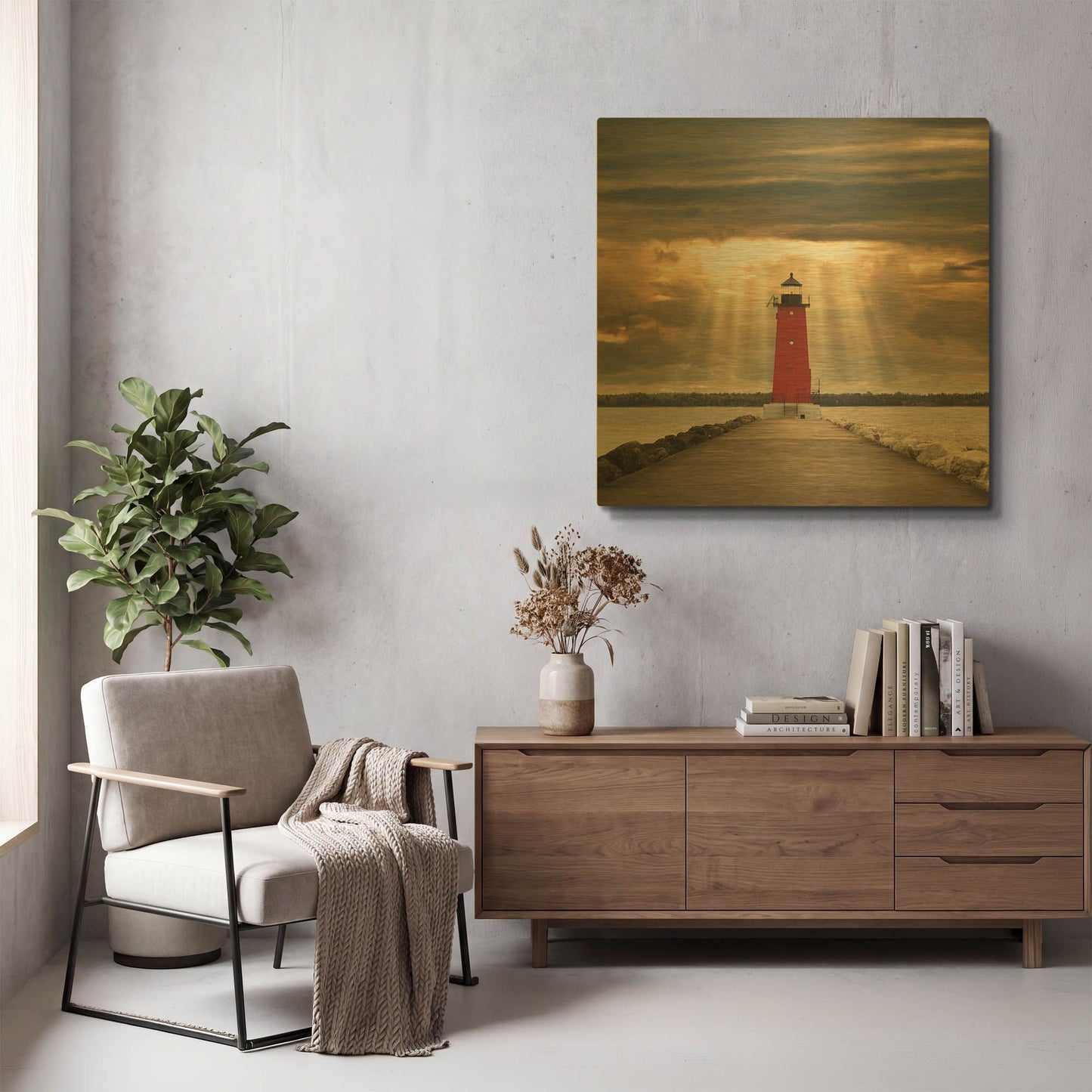 'Manistique Lighthouse & Sunbeams, Michigan 14' By Monte Nagler Gold Metal Wall Art