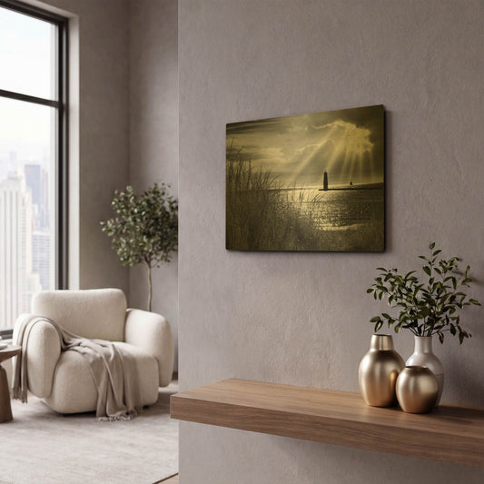 'Frankfort Lighthouse and Sunbeams' By Monte Nagler Gold Metal Wall Art