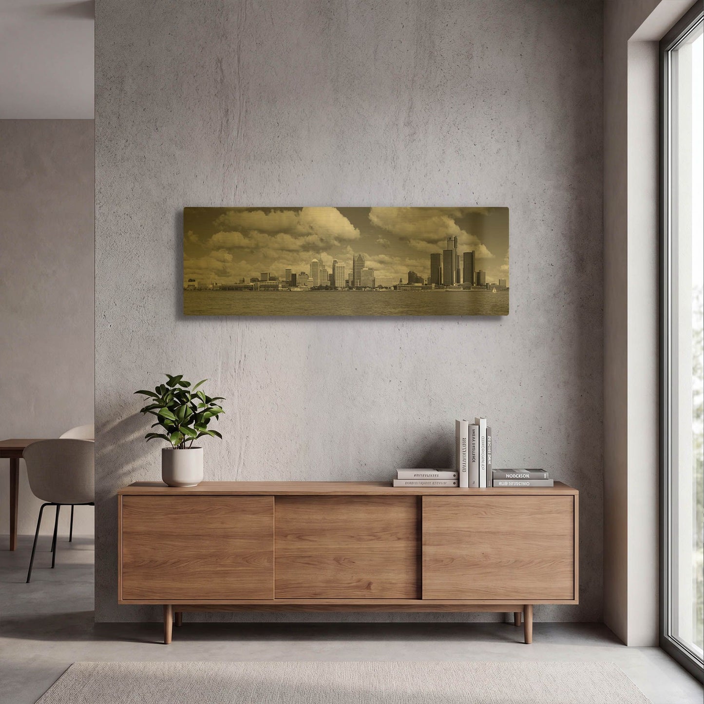 'Detroit Skyline Panorama 4' By Monte Nagler Gold Metal Wall Art