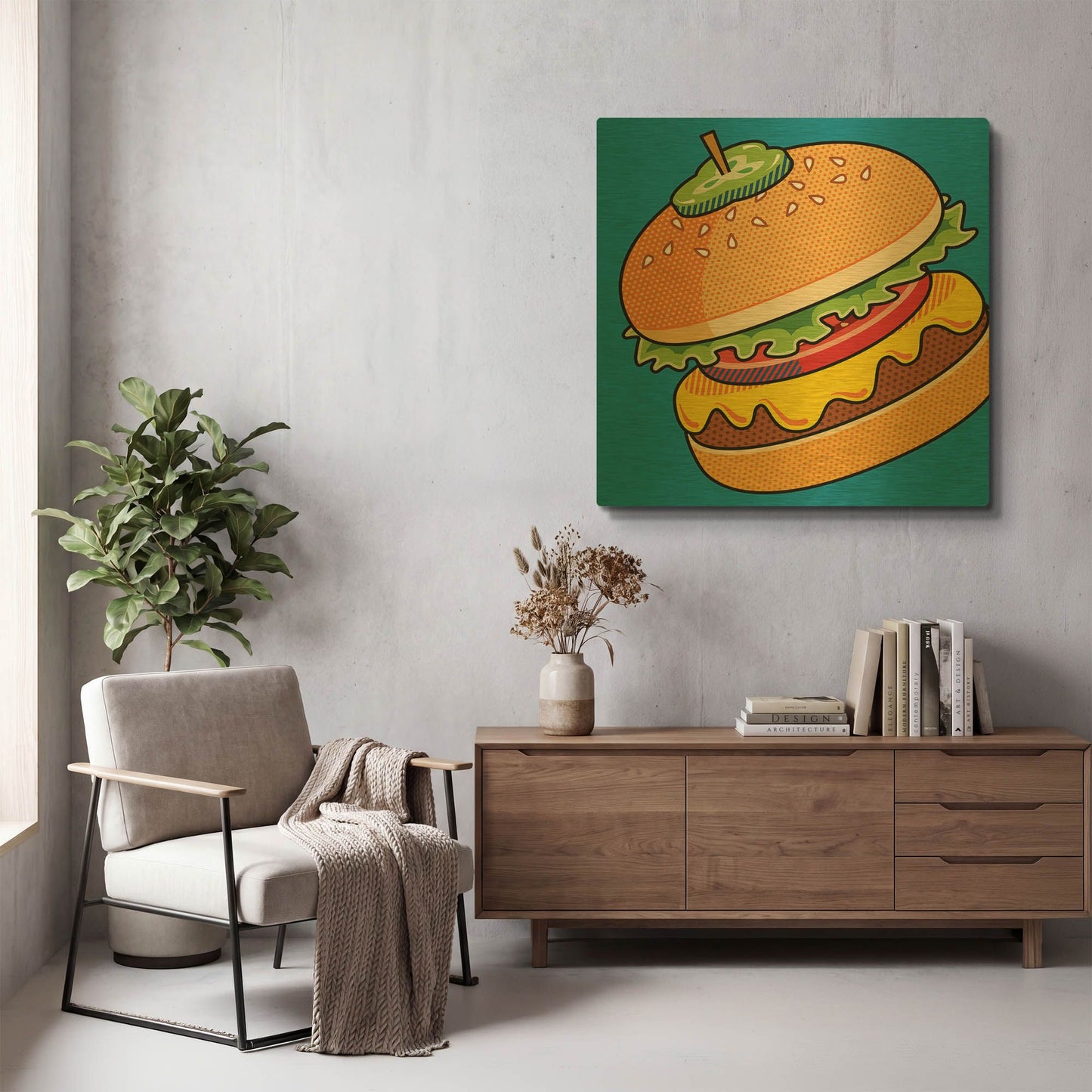 'Cheeseburger On Blue' By Ron Magnes Gold Metal Wall Art