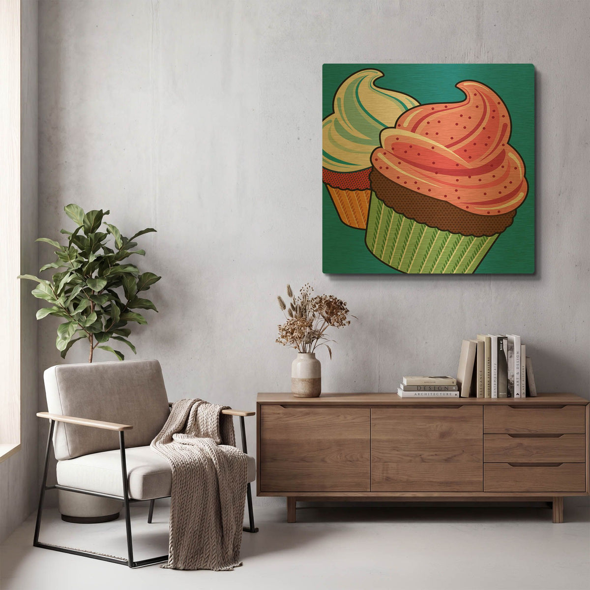 'Cupcakes On Blue' By Ron Magnes Gold Metal Wall Art