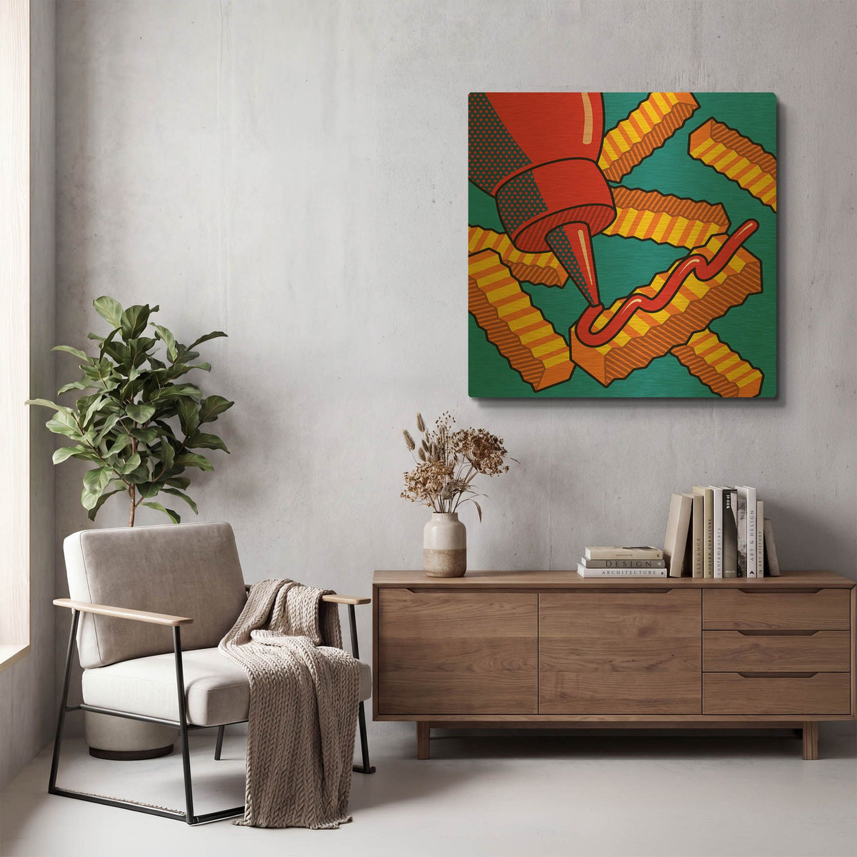 'Fries With Ketchup On Blue' By Ron Magnes Gold Metal Wall Art