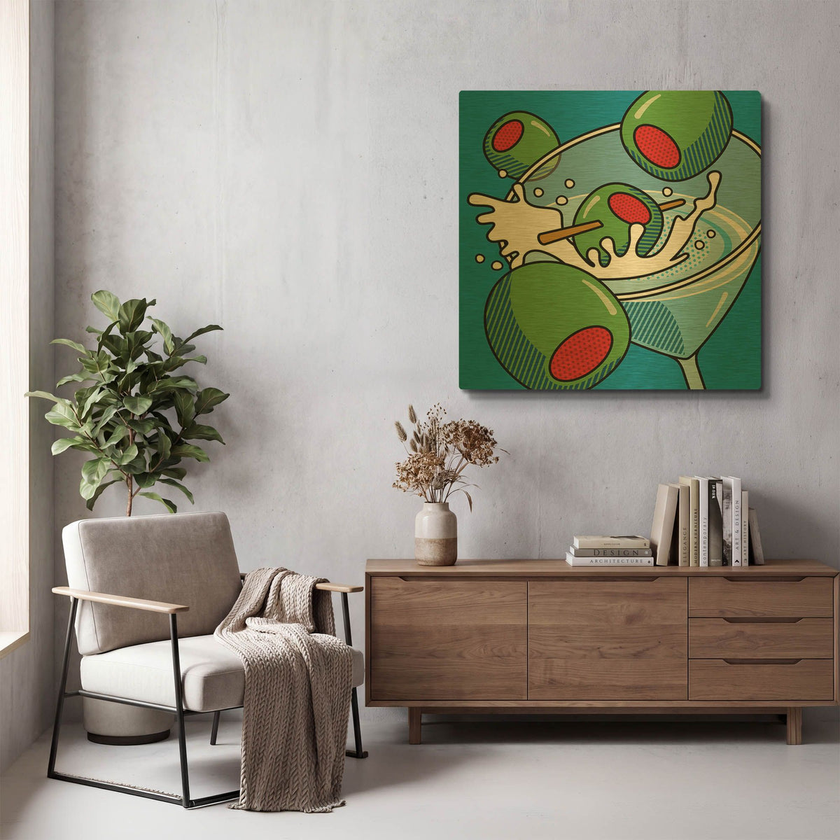 'Martini With Olives On Blue' By Ron Magnes Gold Metal Wall Art