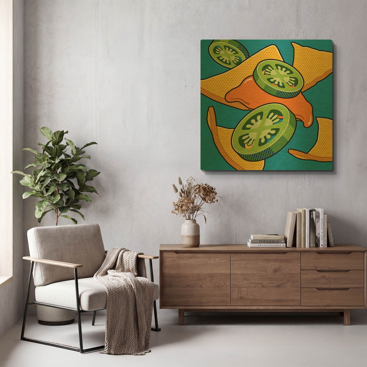 'Nachos With Jalapen~os On Blue' By Ron Magnes Gold Metal Wall Art