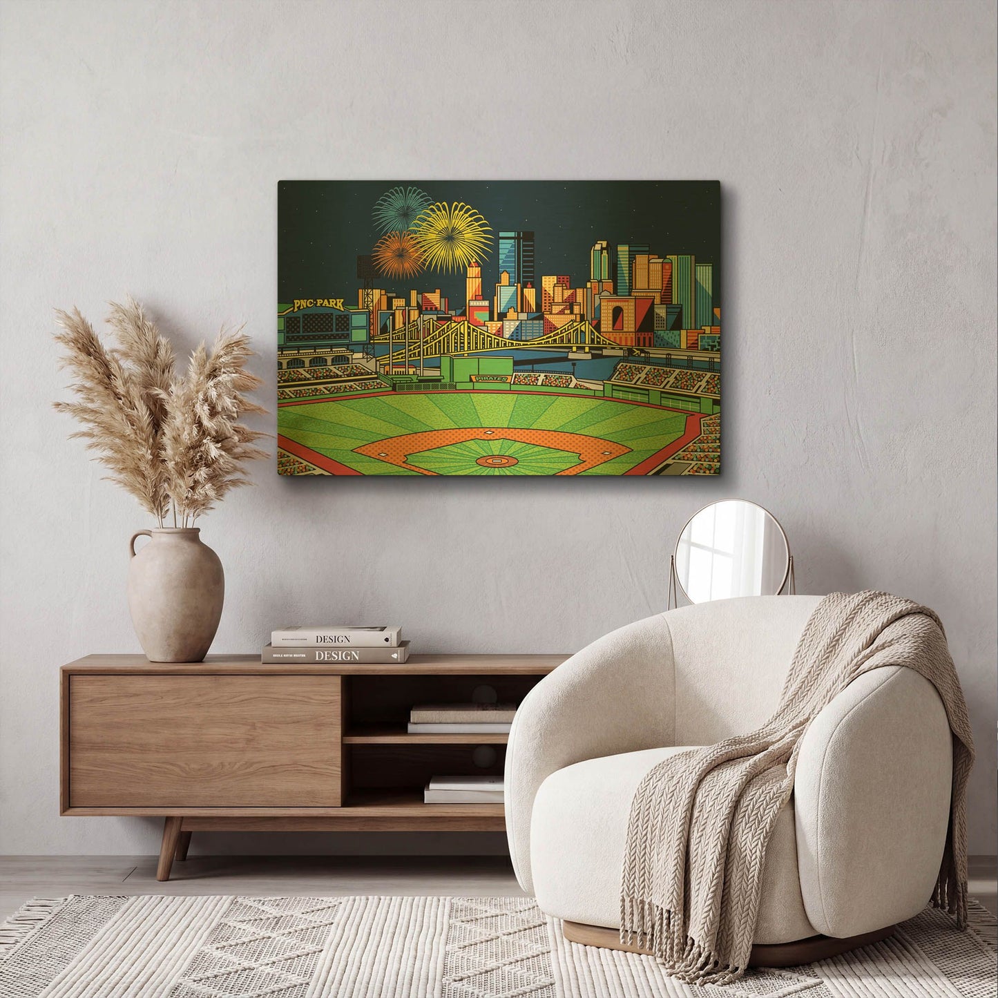 'PNC Park Fireworks Pittsburgh' By Ron Magnes Gold Metal Wall Art