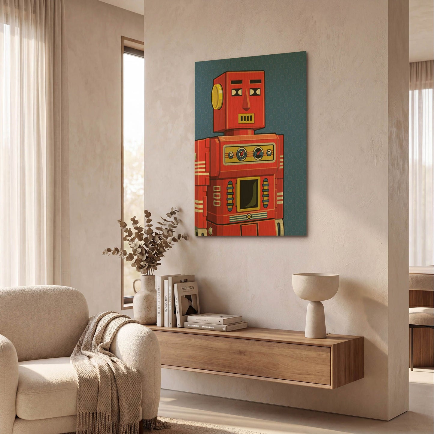 'Vintage Red Robot' By Ron Magnes Gold Metal Wall Art