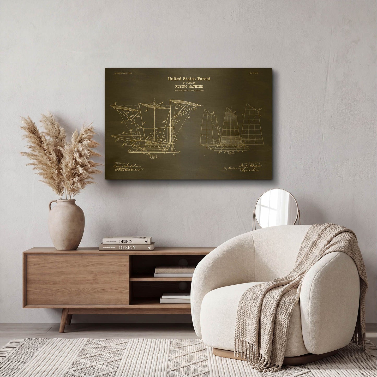 'Flying Machine, 1904 Blueprint Patent Chalkboard' By LUXE Gold Metal Wall Art