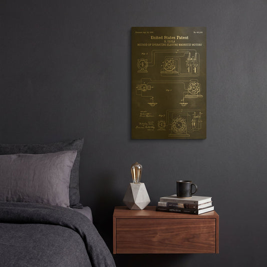 'Operating Tesla Motor Blueprint Patent Chalkboard' By LUXE Gold Metal Wall Art