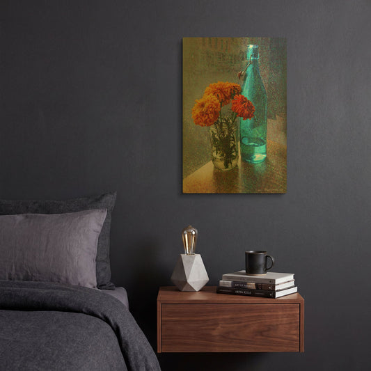 'Aqua Bottle Marigolds Cafe' By Chris Vest Gold Metal Wall Art
