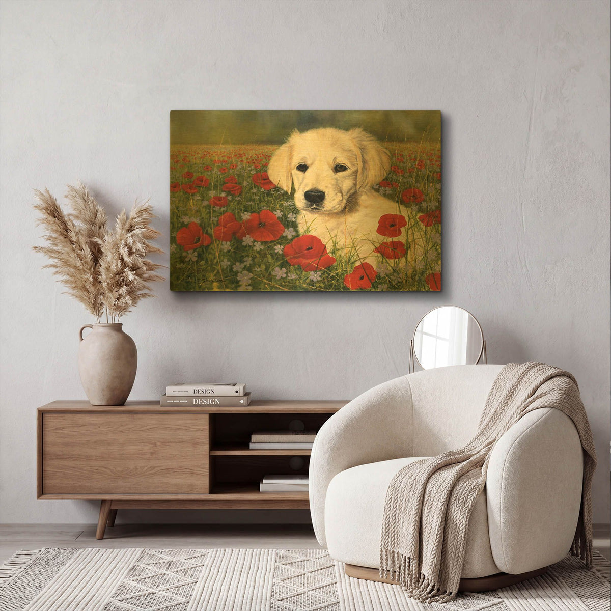 'Puppy And Poppies' By Bill Makinson Gold Metal Wall Art