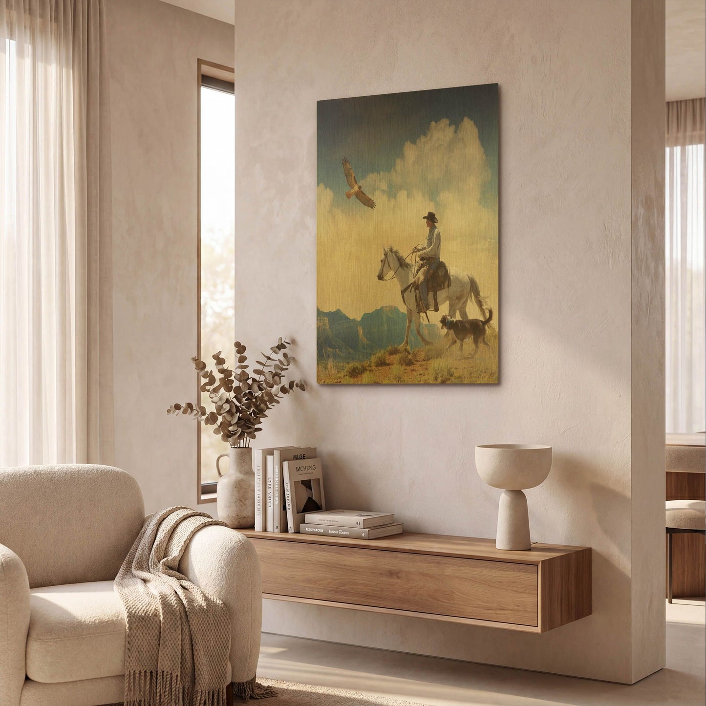 'Cowboy With Dog And Hawk' By Chris Vest Gold Metal Wall Art