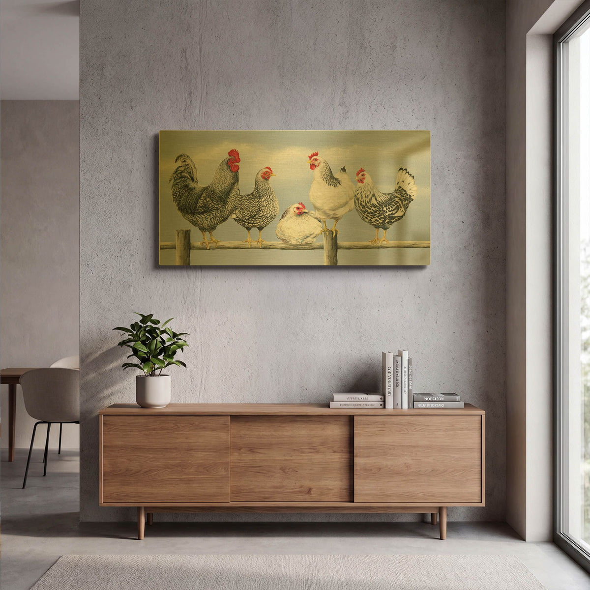 'Black & White Hens 1' By Janet Pidoux Gold Metal Wall Art