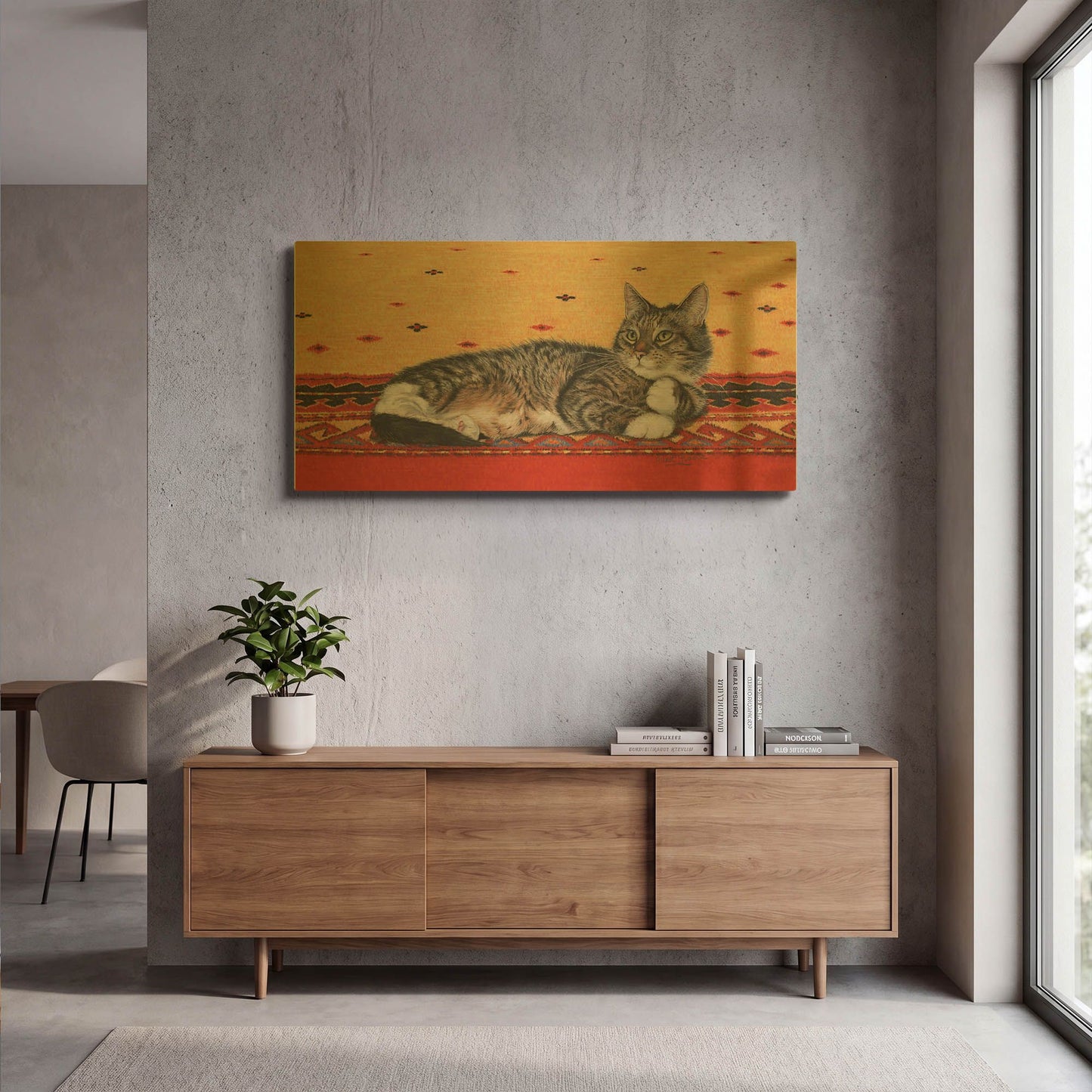 'Sam On Patterned Rug' By Janet Pidoux Gold Metal Wall Art
