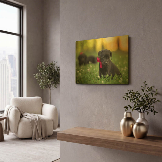 'Black Lab Pup 13' By Jonathan Ross Gold Metal Wall Art