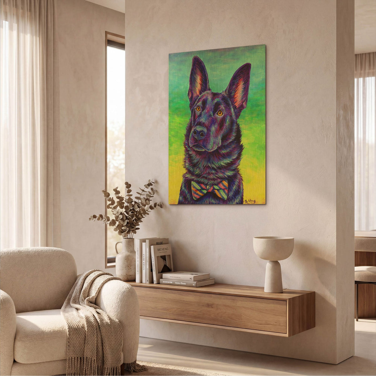 'Colorful Black German Shepherd' By Rebecca Wang Art Gold Metal Wall Art