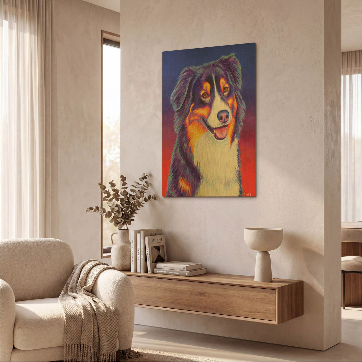 'Colorful Triolor Australian Shepherd' By Rebecca Wang Art Gold Metal Wall Art