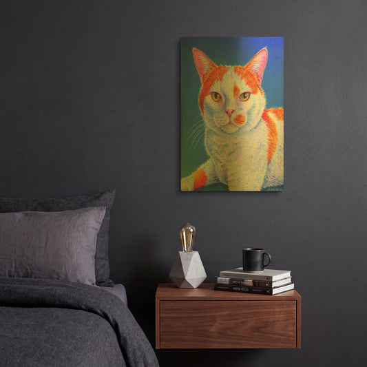 'Orange and White Cat on Blue' By Rebecca Wang Art Gold Metal Wall Art