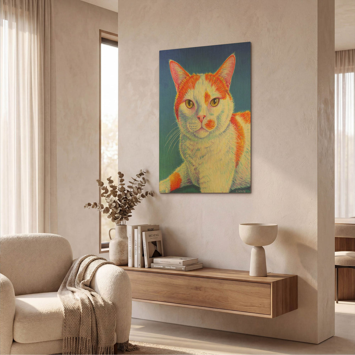 'Orange and White Cat on Blue' By Rebecca Wang Art Gold Metal Wall Art