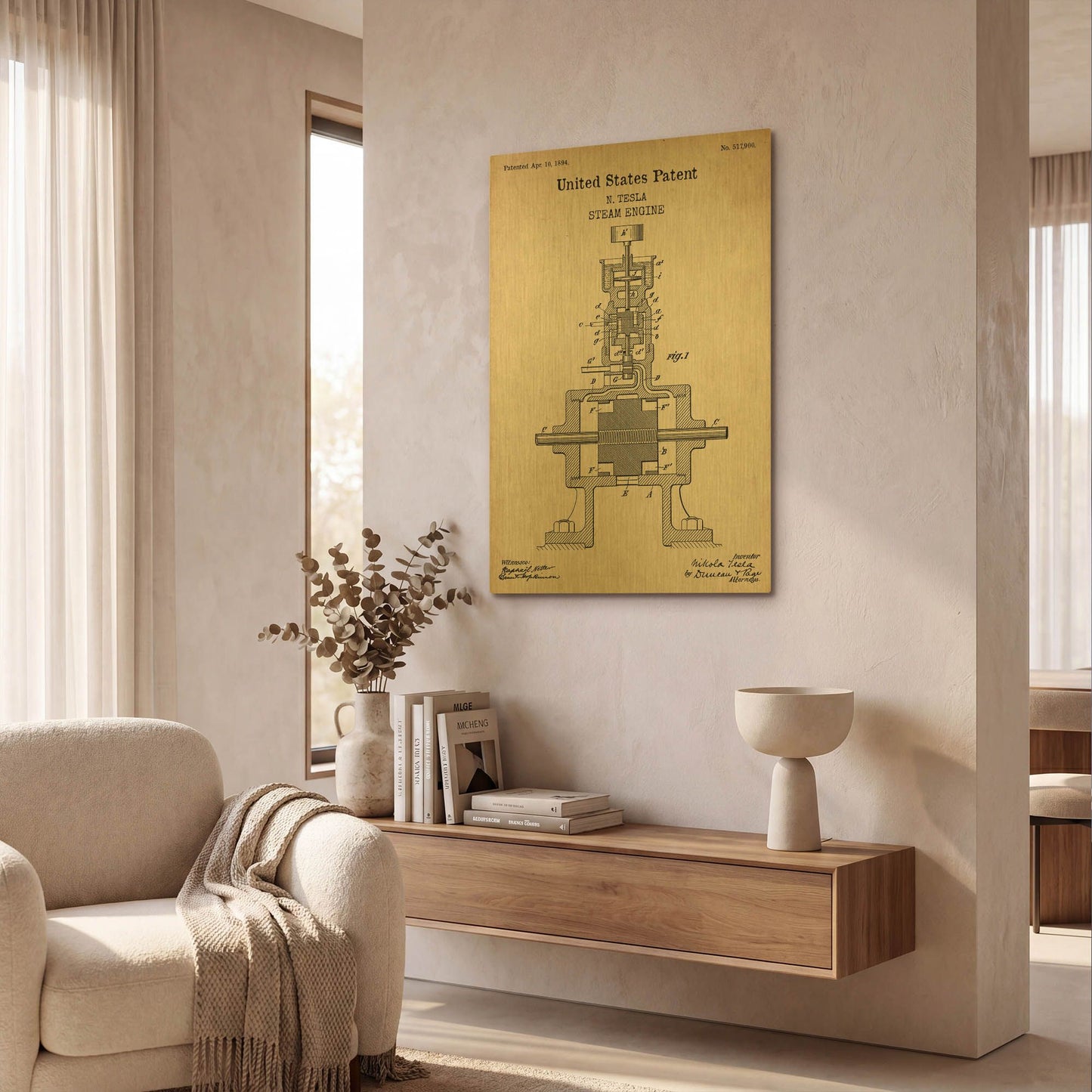 'Tesla Steam Engine Blueprint Patent Parchment' By LUXE Gold Metal Wall Art