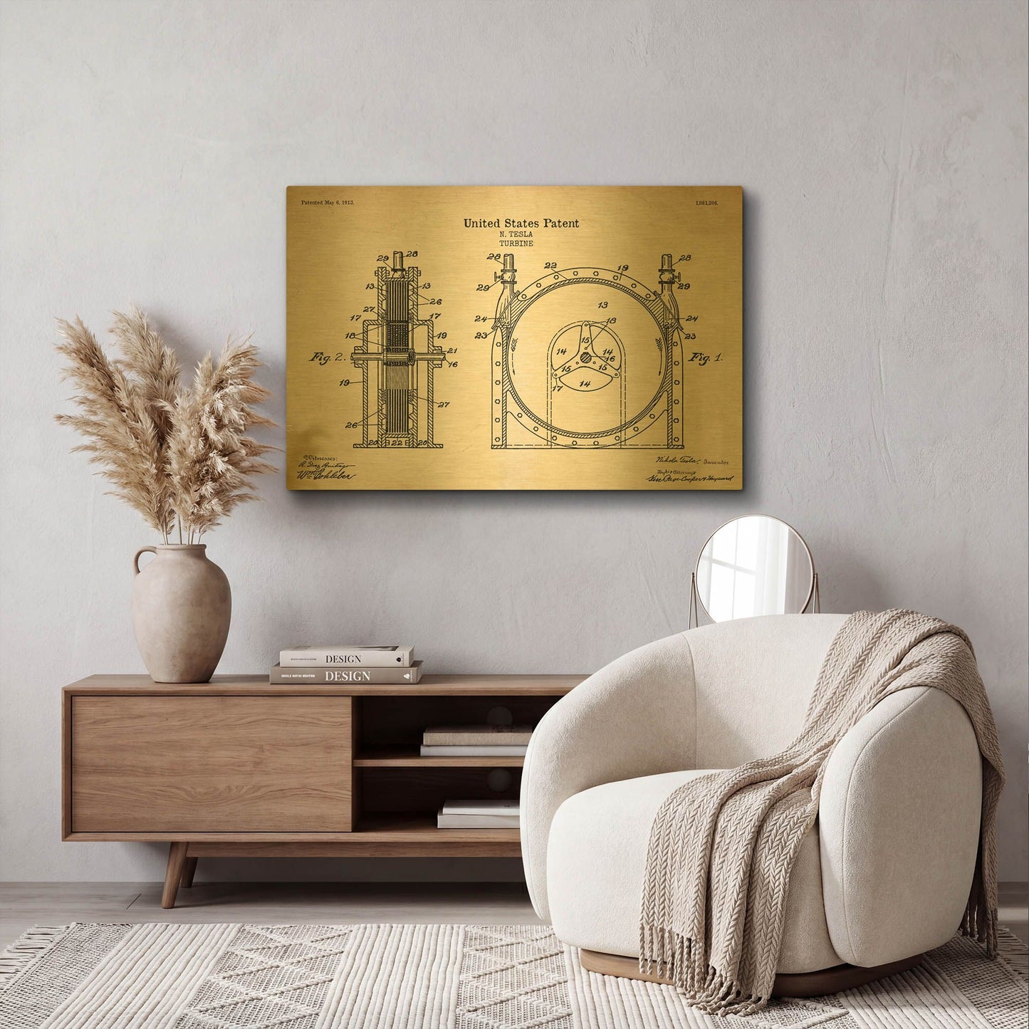 'Tesla Turbine Blueprint Patent Parchment' By LUXE Gold Metal Wall Art